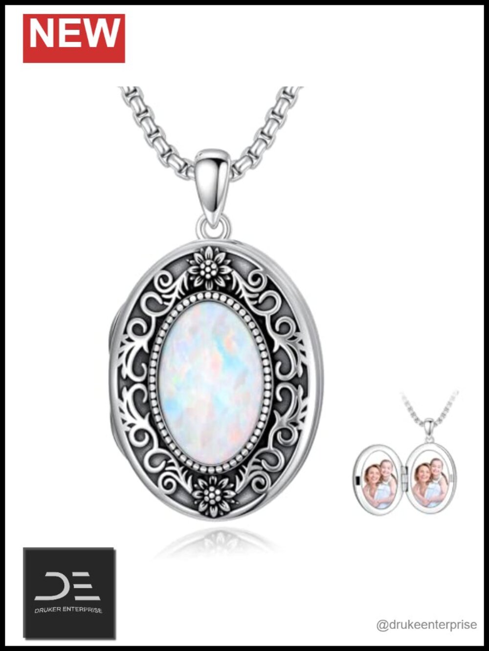 925 Sterling Silver Opal Sunflower Photo Locket Necklace Holds 2 Pictures 18in